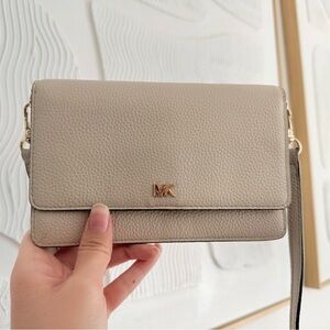 Michael Kors Taupe Pebbled Leather Wristlet Clutch with Gold MK Logo
